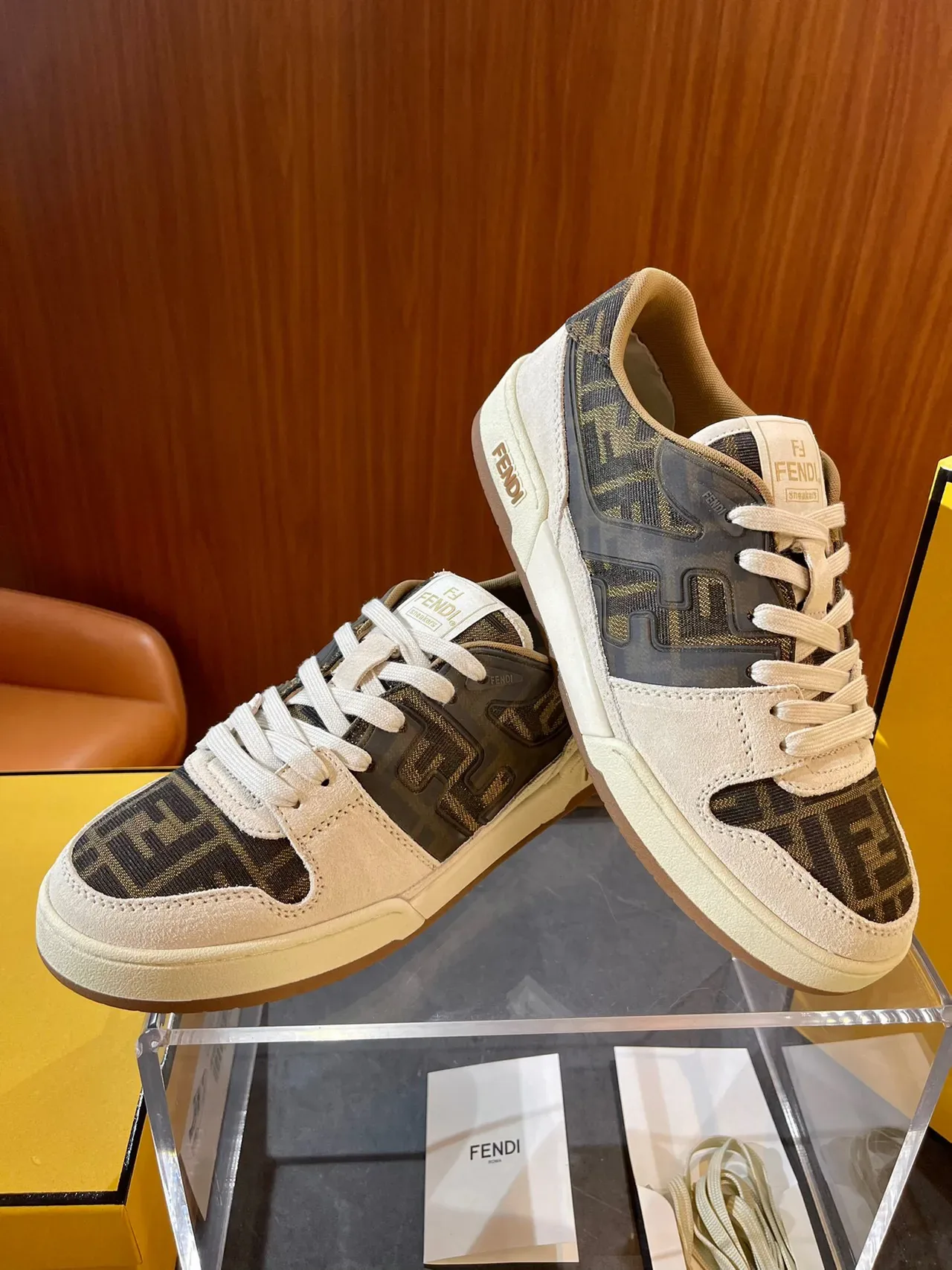 Fendi Beige Black Low-Top Monogram Textile Panels Lifestyle Sneakers 5