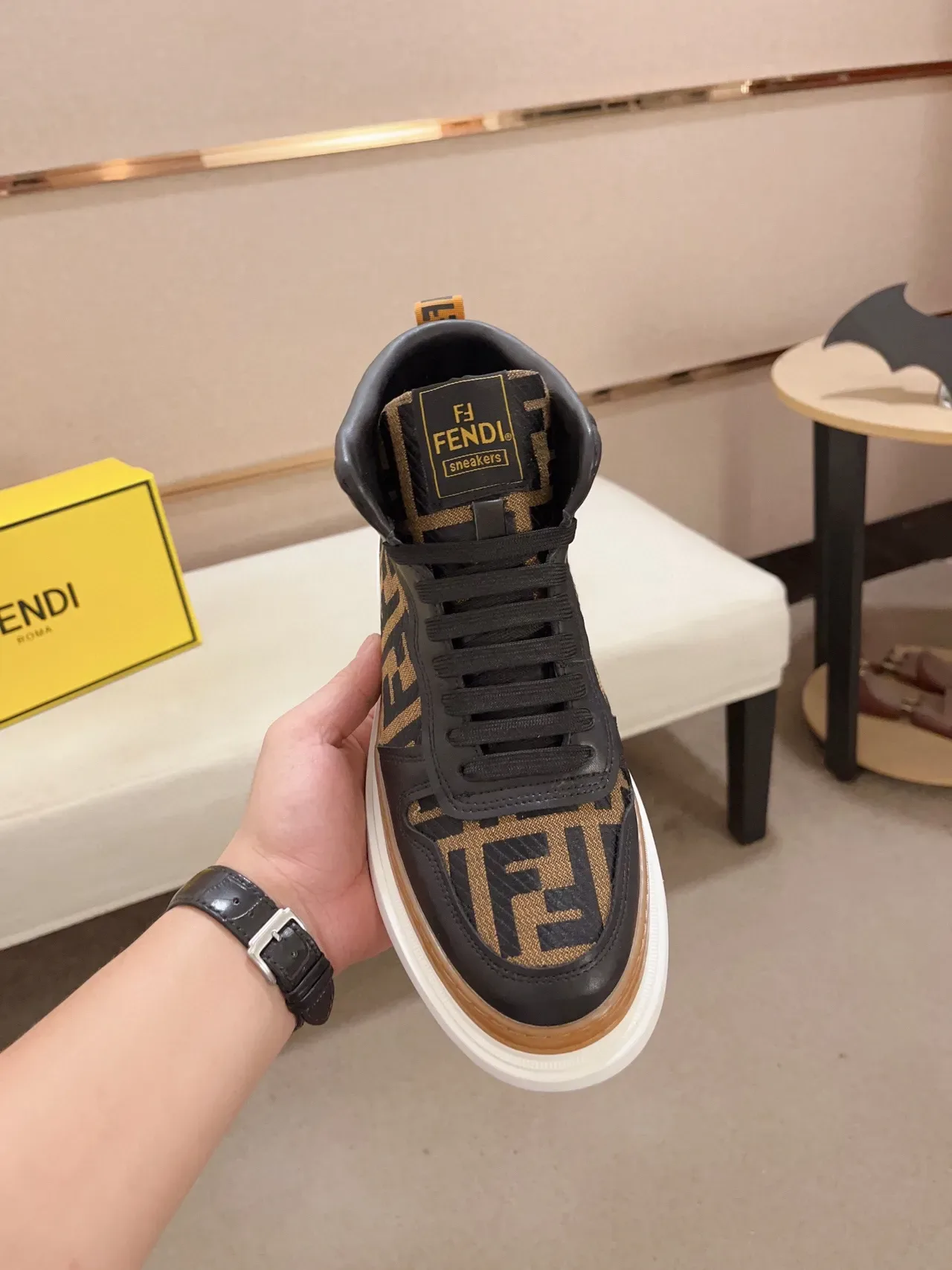 Fendi Noir Marron High-Top FF Monogram Jacquard Style de vie Chaussures 2
