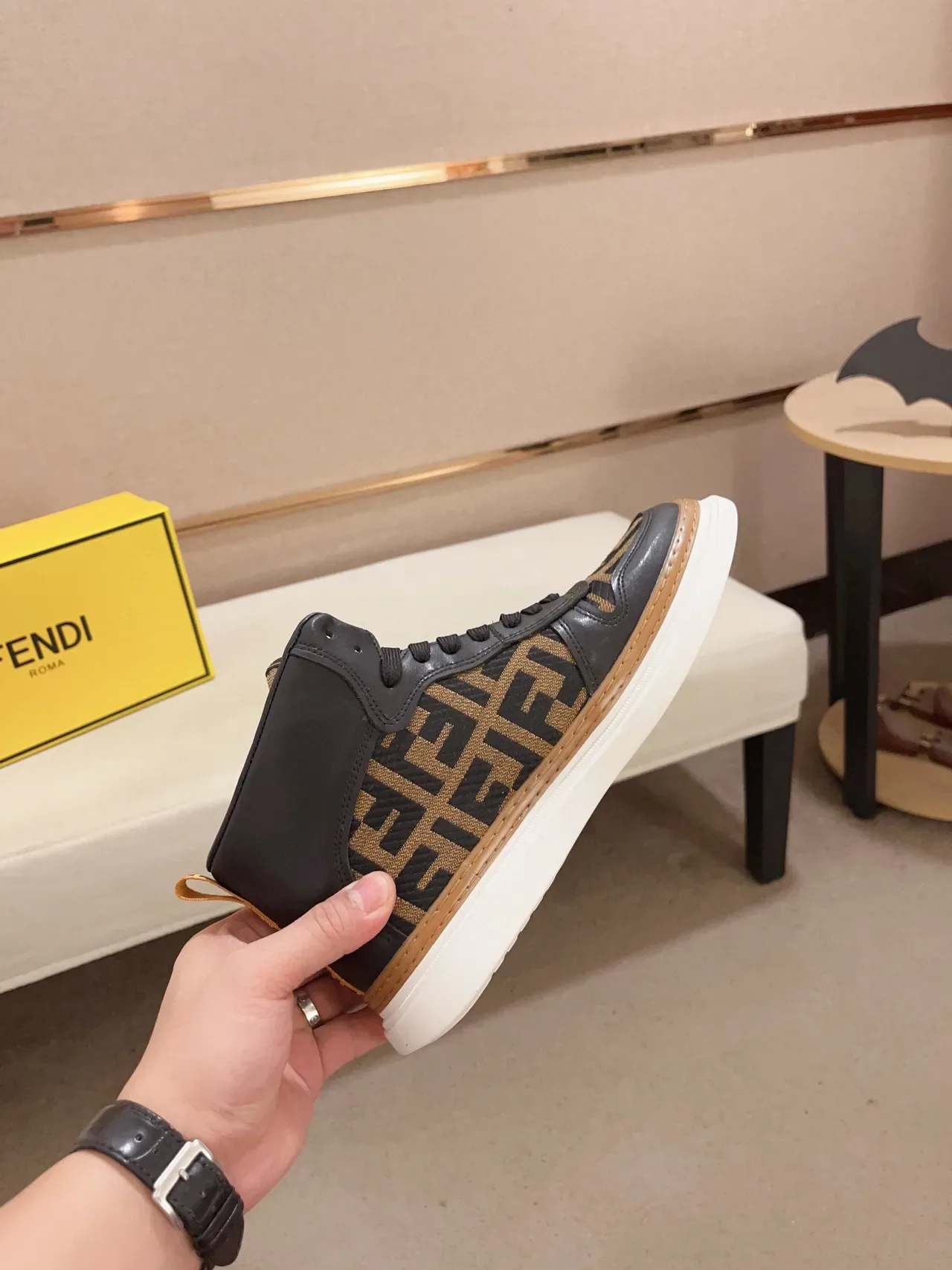 Fendi Noir Marron High-Top FF Monogram Jacquard Style de vie Chaussures 7