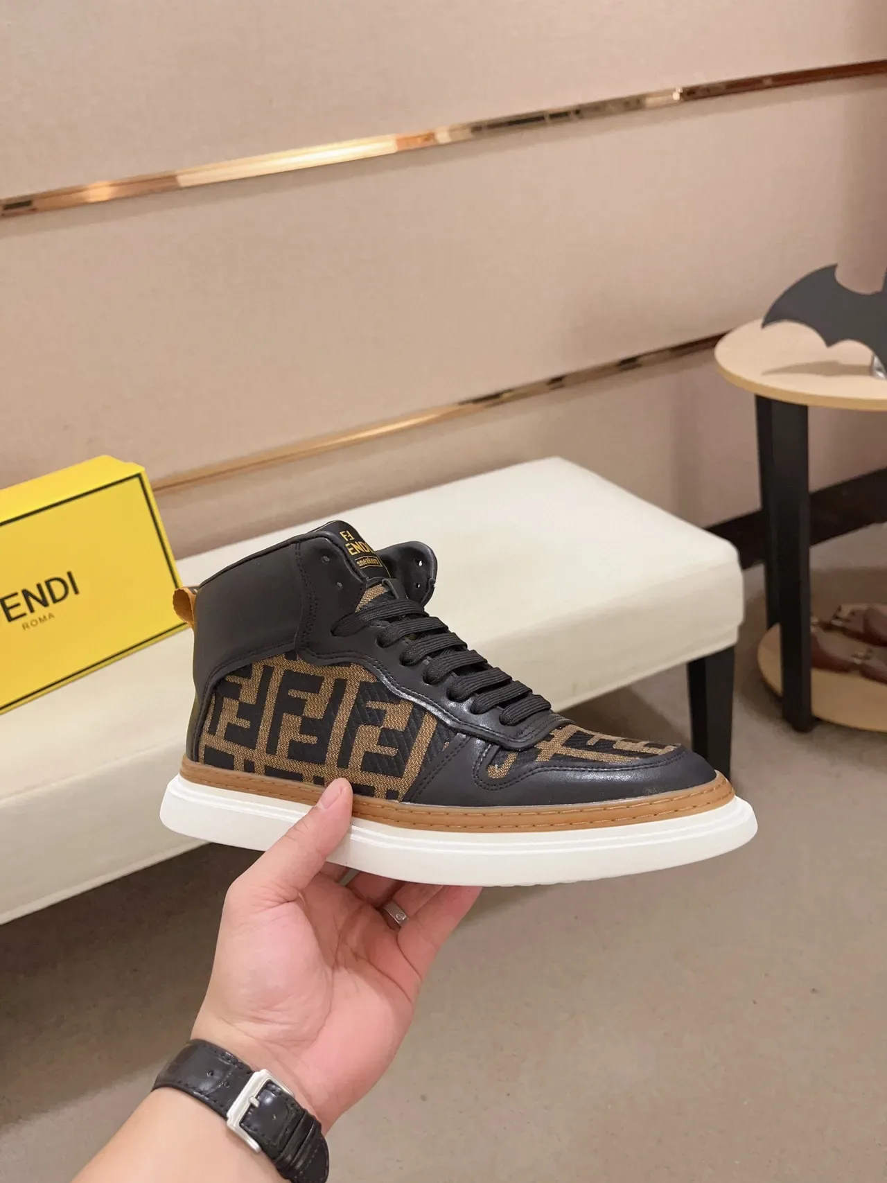 Fendi Noir Marron High-Top FF Monogram Jacquard Style de vie Chaussures 8