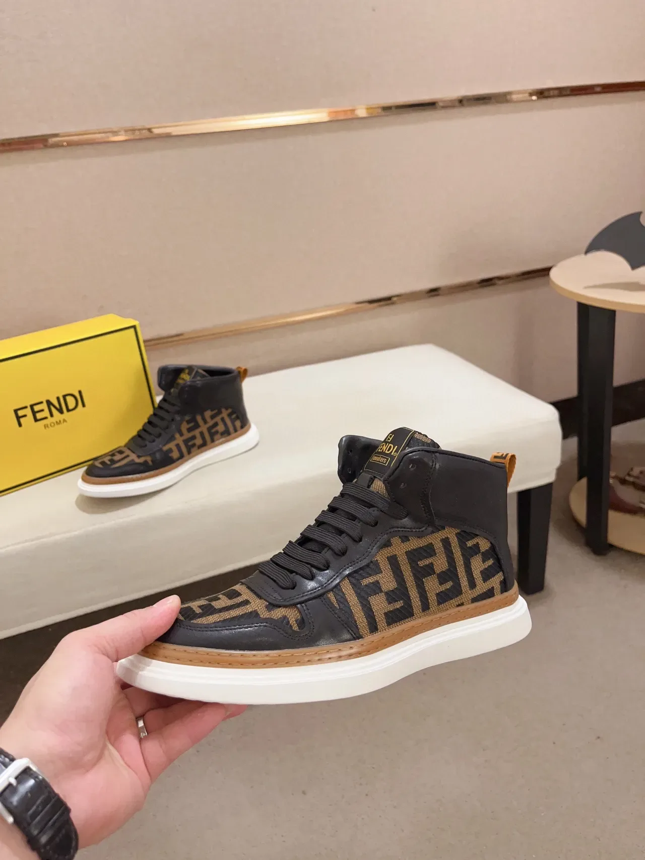 Fendi Noir Marron High-Top FF Monogram Jacquard Style de vie Chaussures 9