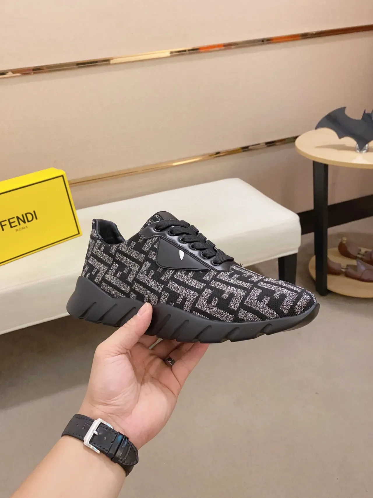 Fendi Black Silver Monogrammed Knit Upper Triangular Eye Logo Patch Chunky Sneakers 7