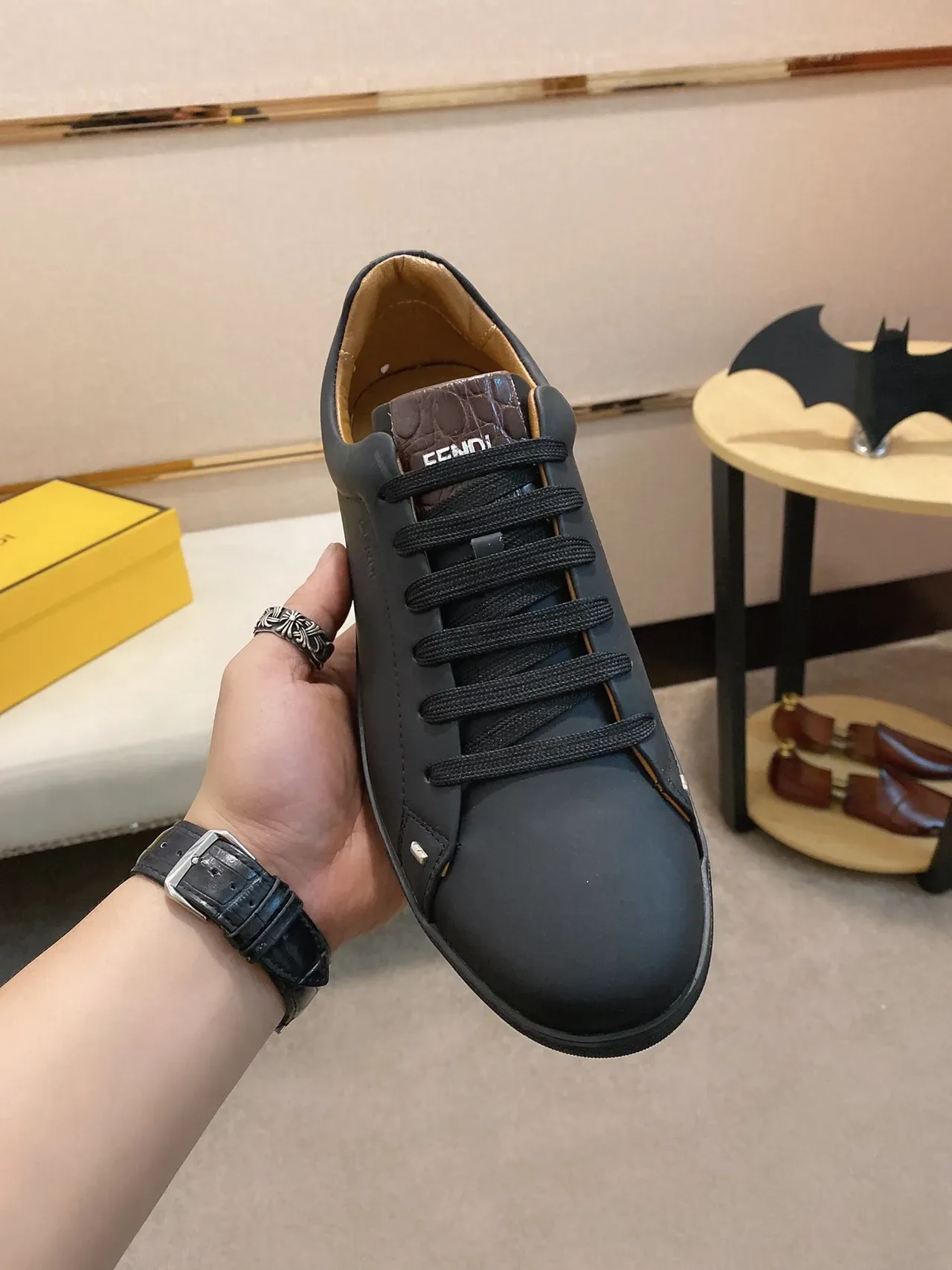 Fendi Black Yellow Low-Top Smooth Leather Upper Sneakers 9