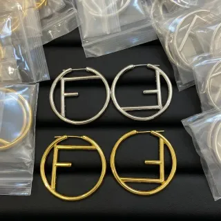 Fendi FF Logo أقراط حلق فضة ذهب دائرية متكاملة
