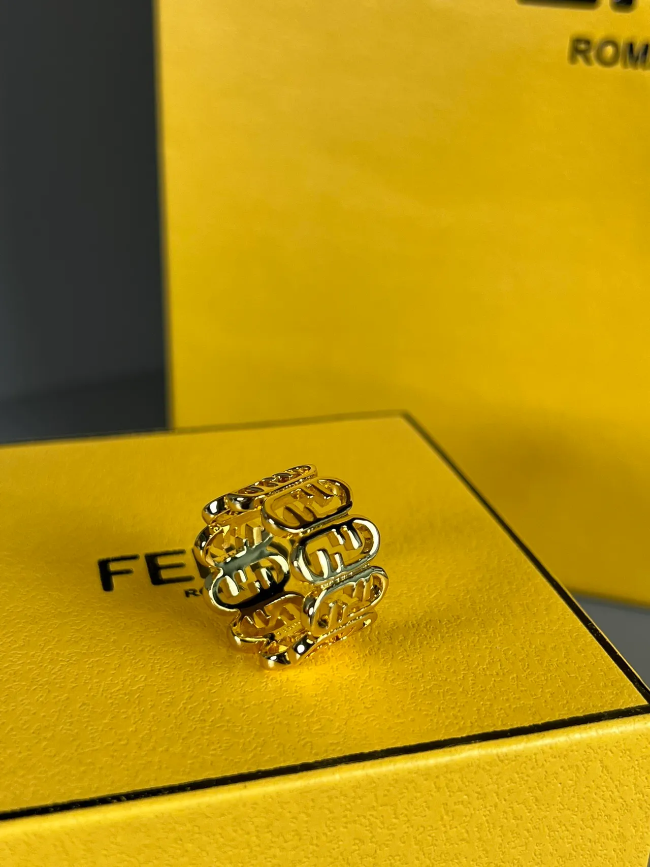 Fendi FF Ring Gold-Tone Wide Band Ring 6