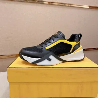 Fendi Lifestyle Sneaker Tênis Pretos Amarelos Malha E Couro Superior Solado Esculpido Tênis