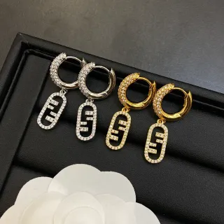 Fendi 银金色水晶镶嵌 FF Logo 图案耳环