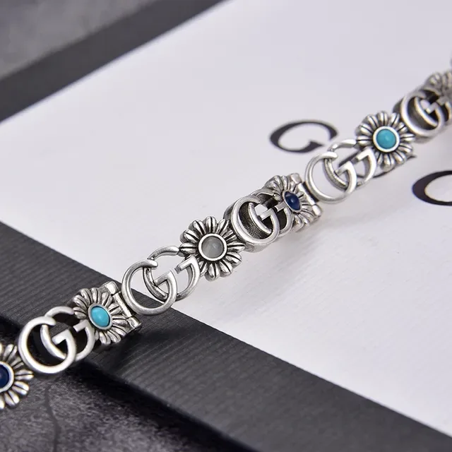 Bracelete de prata antiga com incrustação de turquesa floral e fivela 3