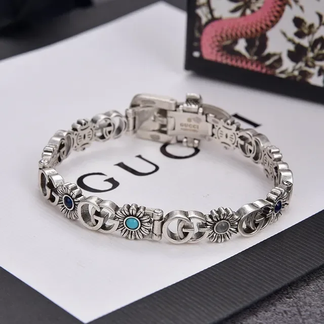 Bracelete de prata antiga com incrustação de turquesa floral e fivela 4