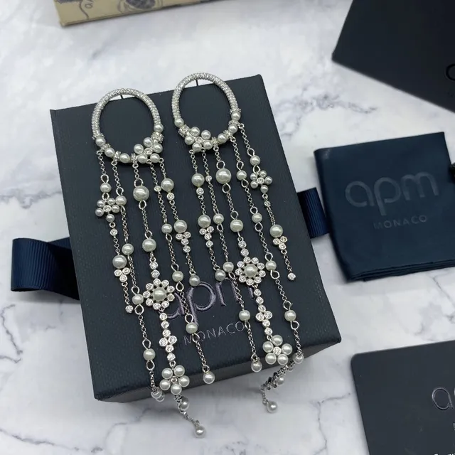 apm MONACO Silver Hoop-Top Pearl and Crystal Tassel Earrings 7