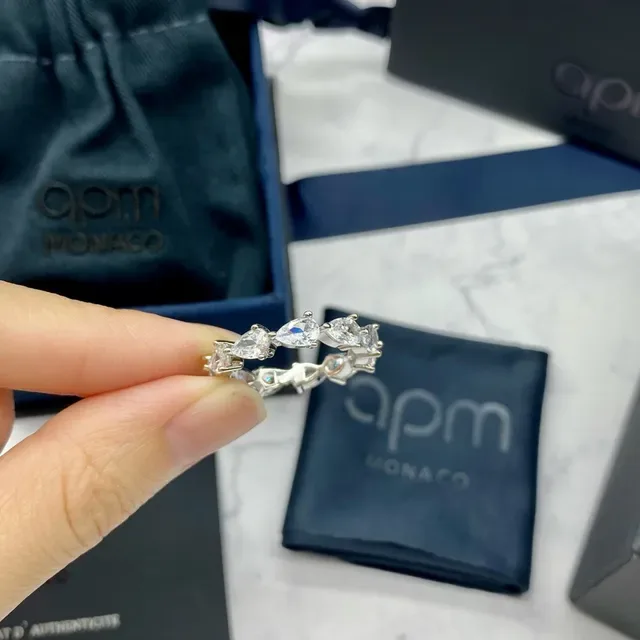 apm Monaco Silver Navy Eternity Band Pear And Baguette Stone Setting Ring 7