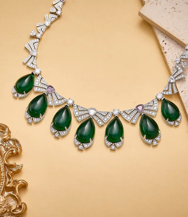 Art Deco-Inspired Green Cabochon and Diamond Pendant Necklace 2
