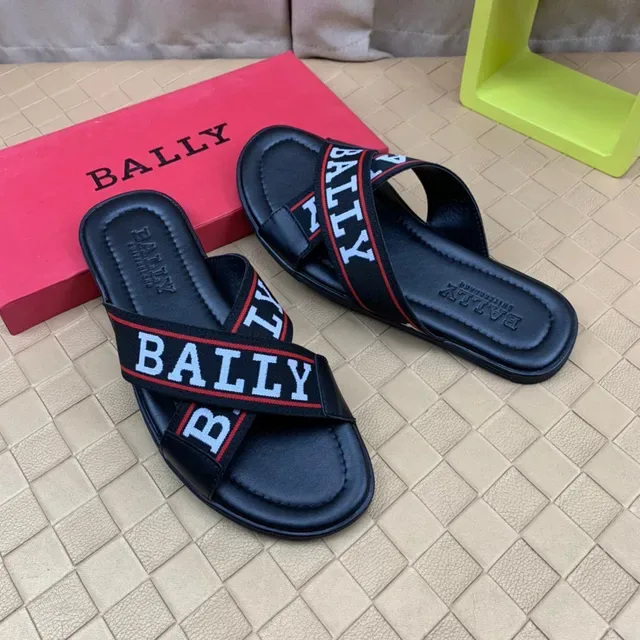 BALLY Logo Strap Slide Black White Red Slippers 2