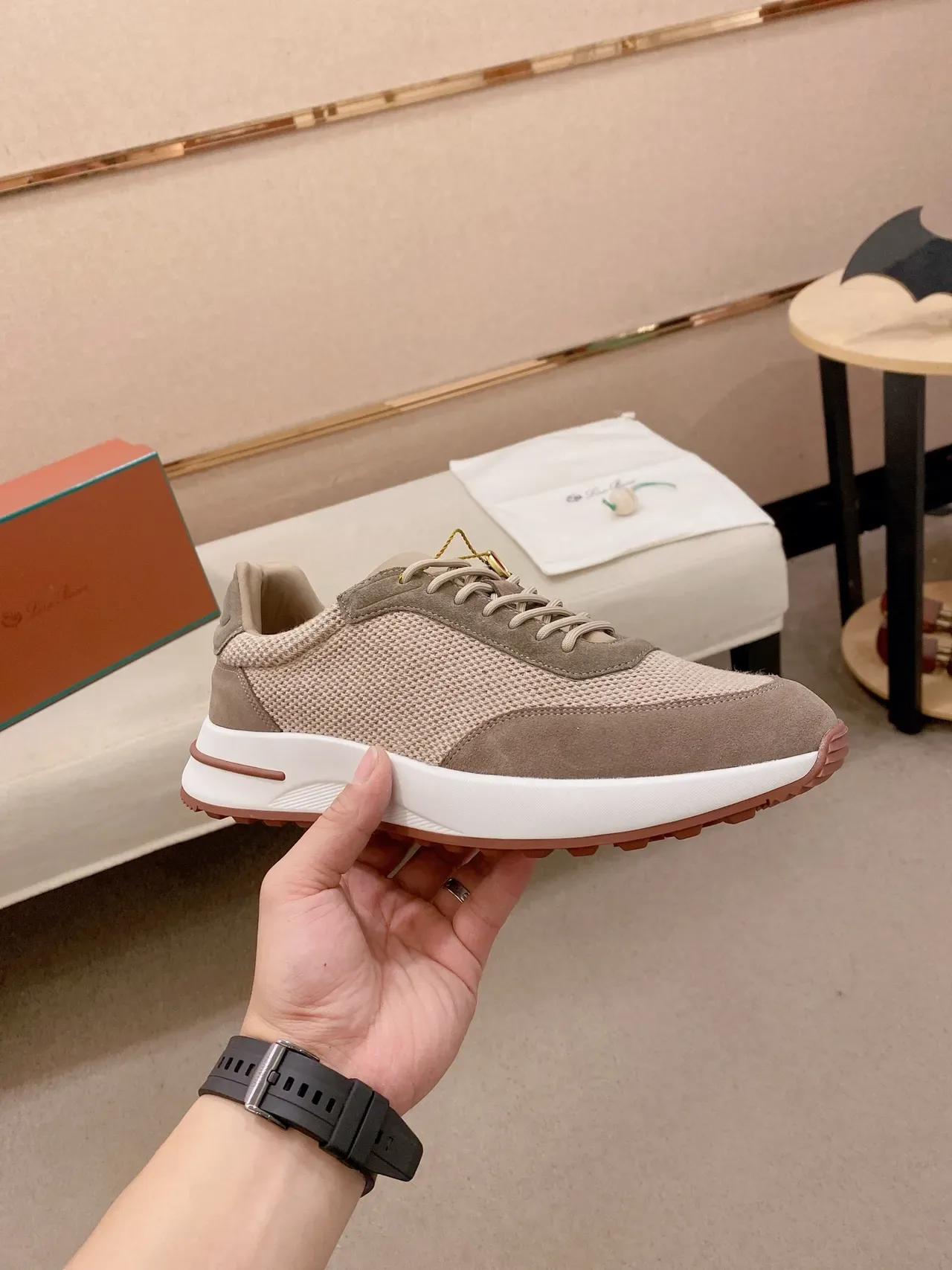 Beige and Brown Mesh-Suede Low-Top Sneaker 6