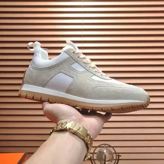 Beige and White Suede Mesh Panelled Retro Runner Sneaker