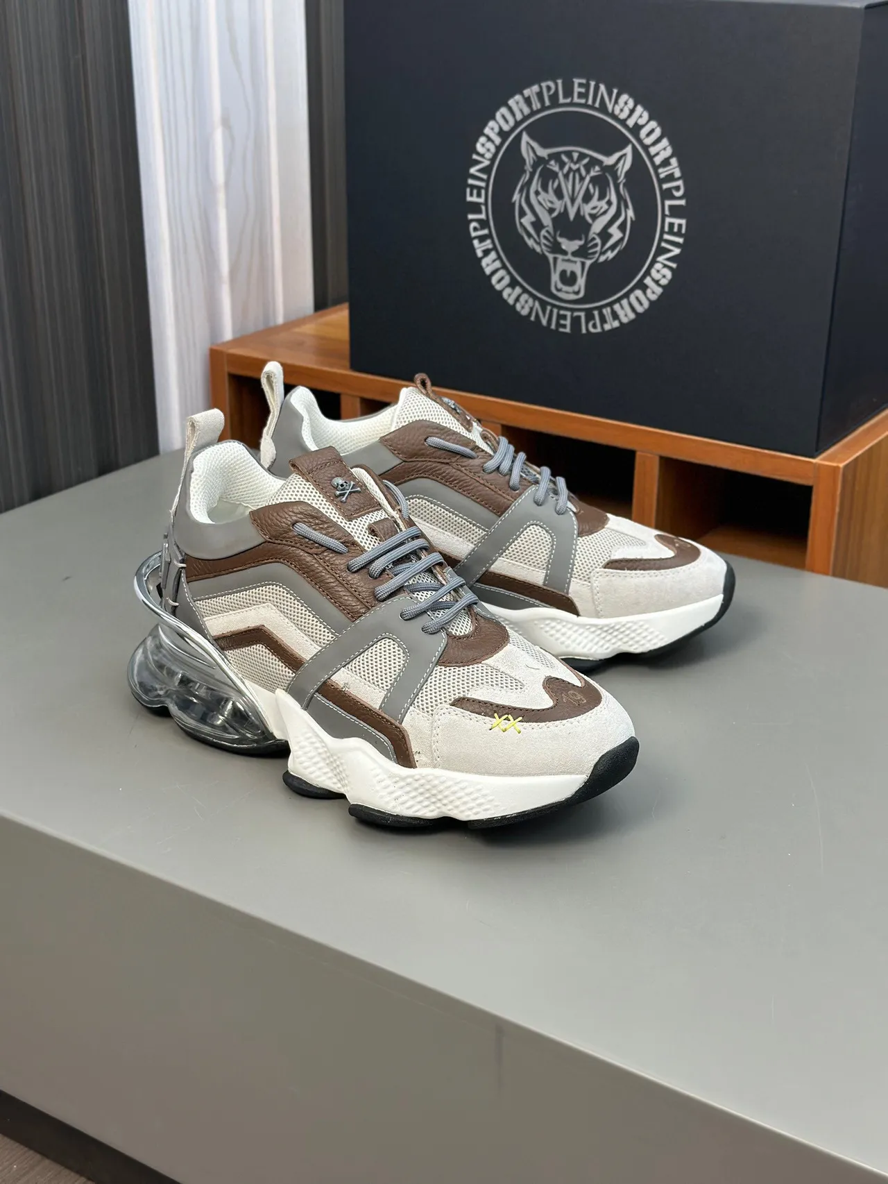 Beige Marrón Estructura De Jaula En Capas Malla Y Ante En La Parte Superior Sneakers Gruesos 4