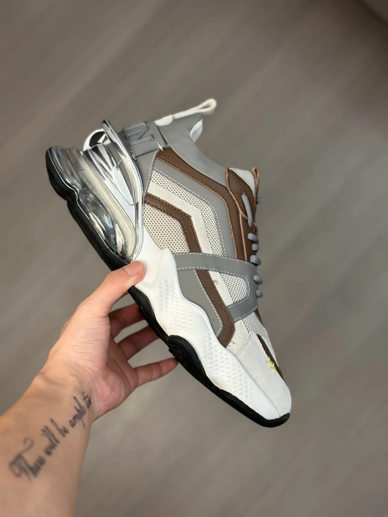 Beige Marrón Estructura De Jaula En Capas Malla Y Ante En La Parte Superior Sneakers Gruesos 5