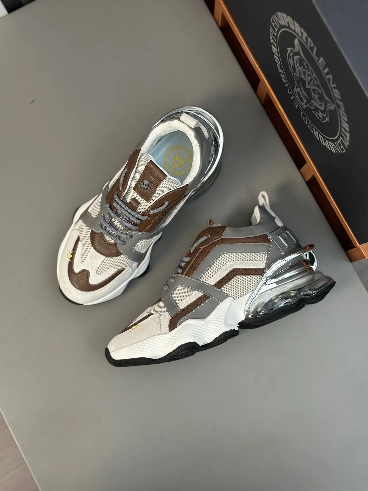 Beige Marrón Estructura De Jaula En Capas Malla Y Ante En La Parte Superior Sneakers Gruesos 7