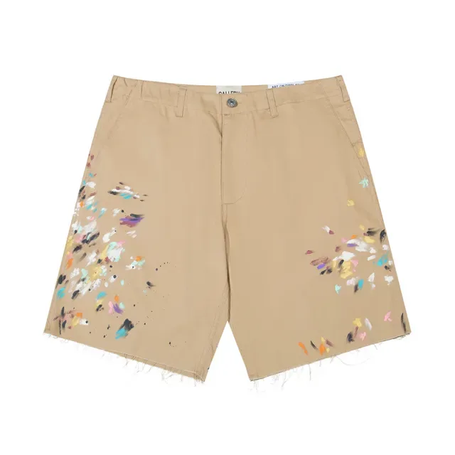 Beige Paint-Splatter Frayed Hem Woven Shorts 2