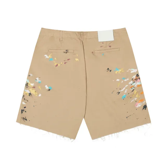Beige Paint-Splatter Frayed Hem Woven Shorts 3