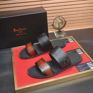 Berluti Alessandro Slide أسود بني حزامين داخليين صندل كاجوال