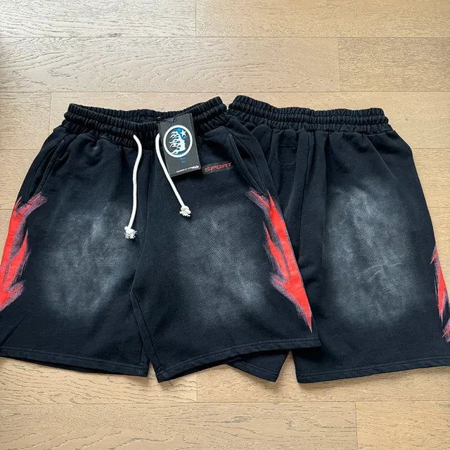 Black Acid-Wash Flame Graphic Drawstring Waist Shorts 7
