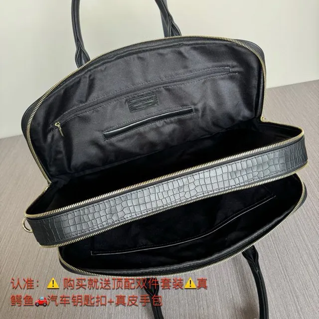 Black Crocodile-Embossed Leather Structured Rectangular Silhouette Boston Bag 2