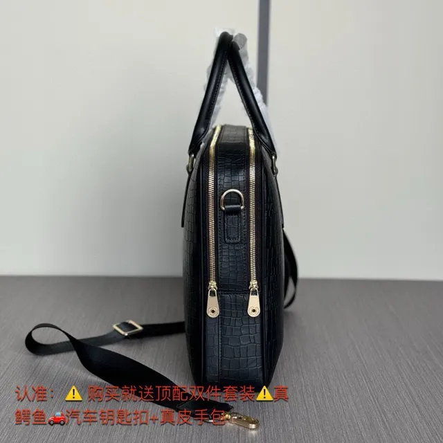 Black Crocodile-Embossed Leather Structured Rectangular Silhouette Boston Bag 3