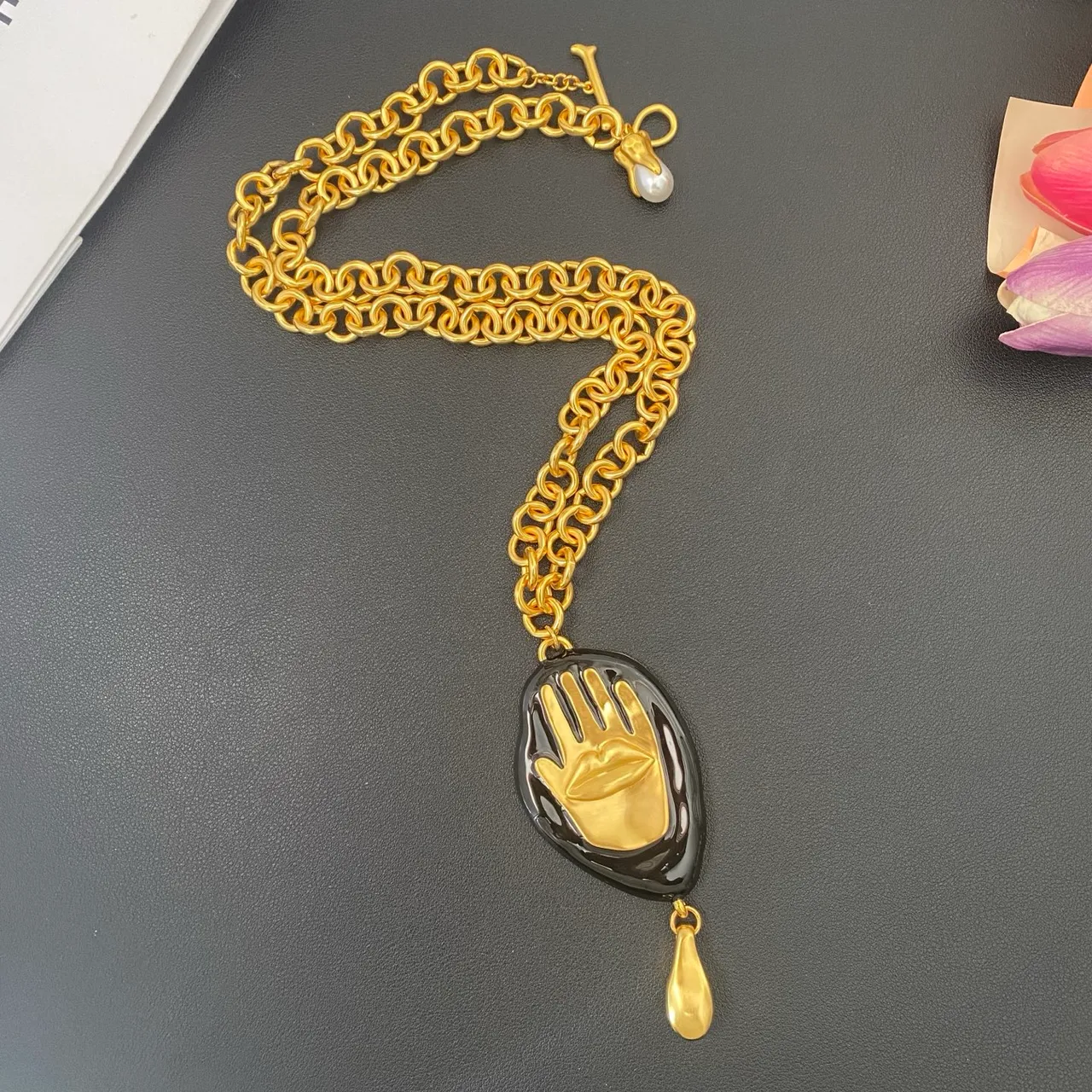 Black Gold Curb Chain Glossy Pendant Necklace 6