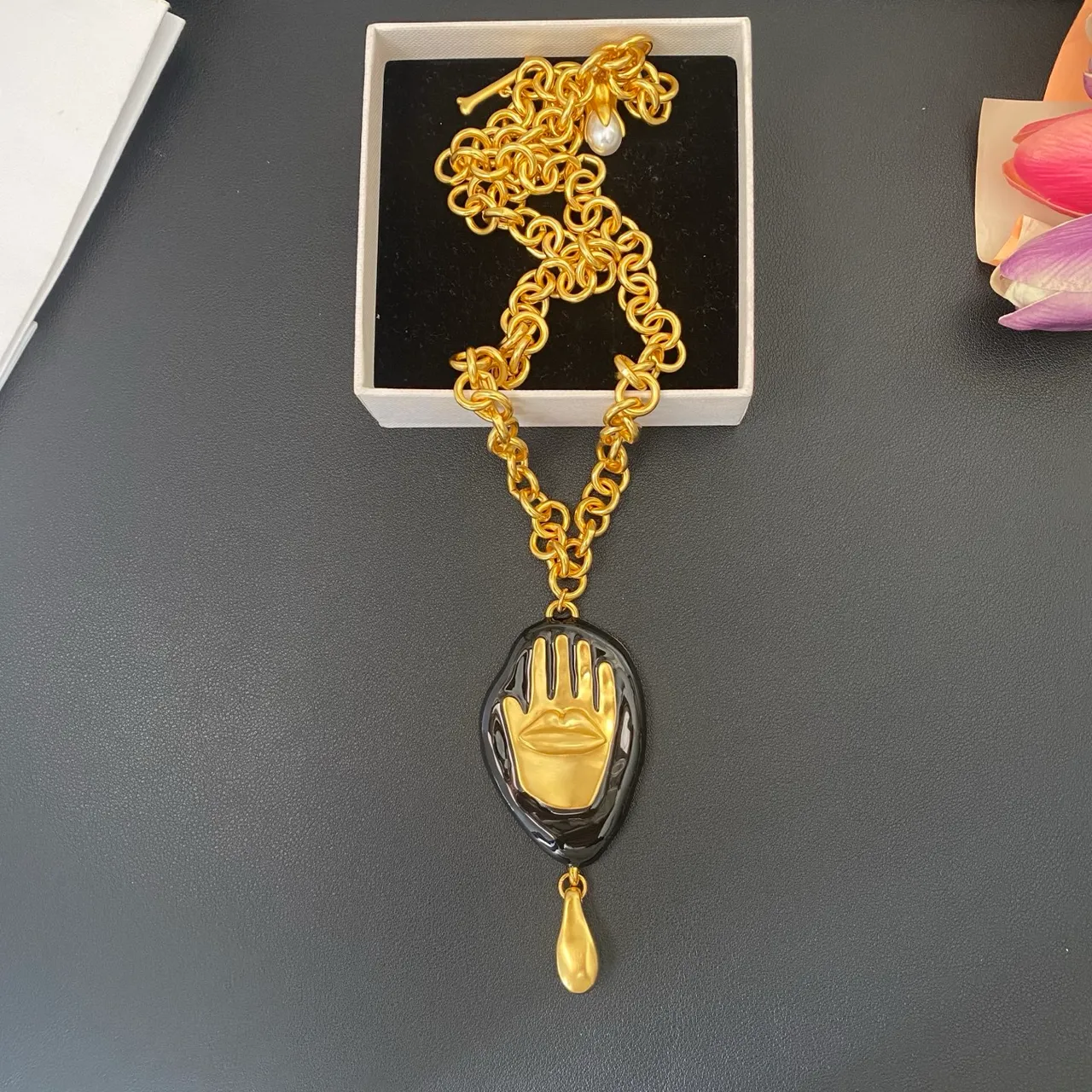 Black Gold Curb Chain Glossy Pendant Necklace 8