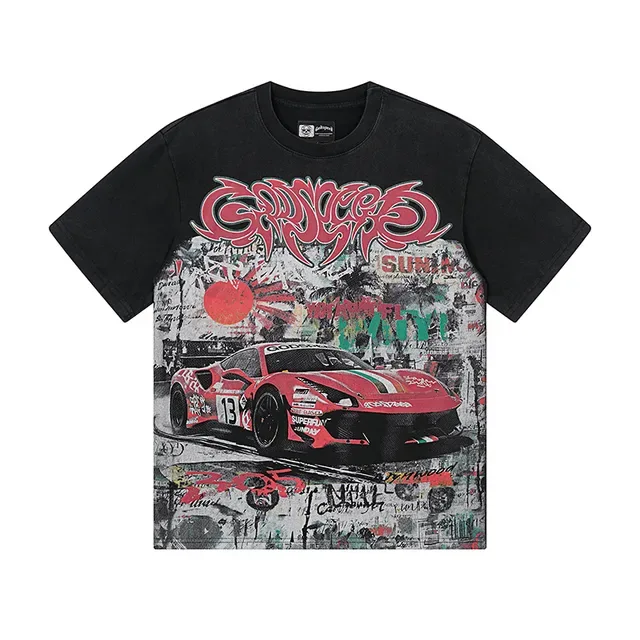 Black Graphic-Print Racing Car Motif Oversized T-Shirt 2