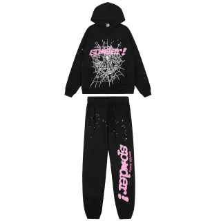 Black Graphic Spiderweb Print Oversized Hoodie and Jogger Tracksuit