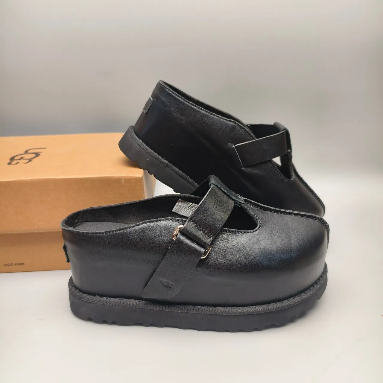Black Leather T-Strap Buckle Platform Mary Jane Shoes 6