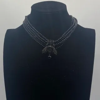 Black Multi-Strand Beaded Oxidized Metal Necklace