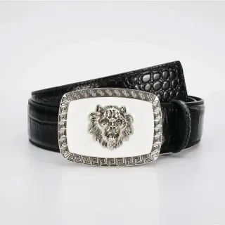 Black White Crocodile-Embossed Lion-Head Buckle Leather Belt