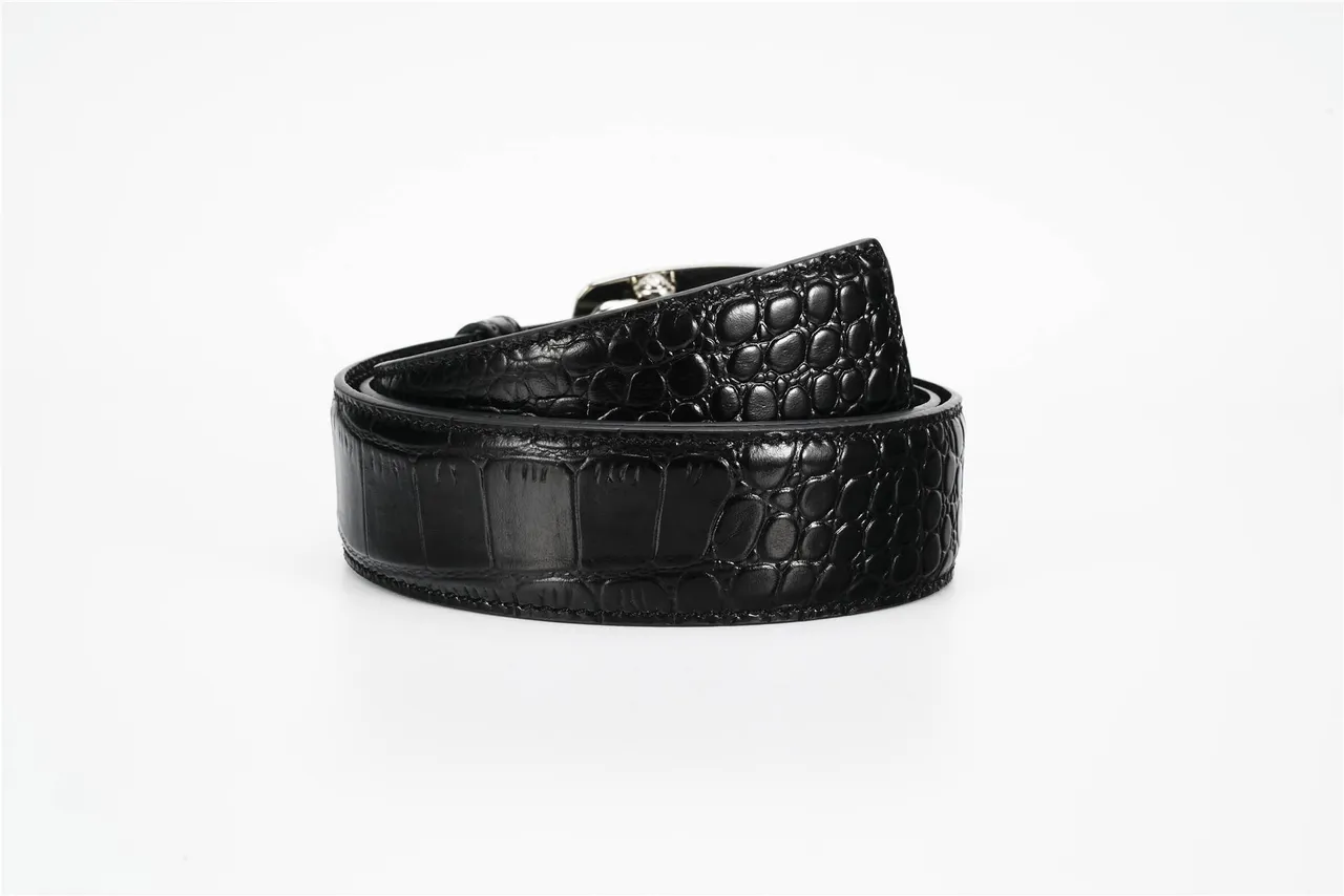 Black White Crocodile-Embossed Lion-Head Buckle Leather Belt 5
