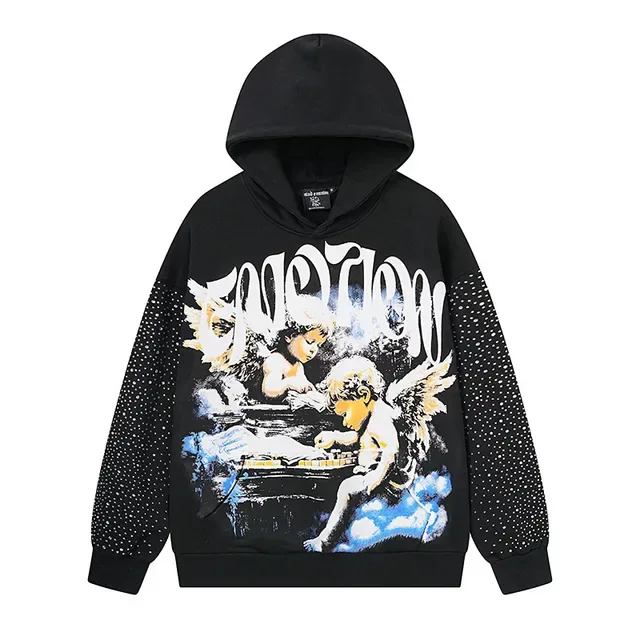 Hoodie Noir et Blanc Imprimé Graphique Avant Motif de Points Mangas 2