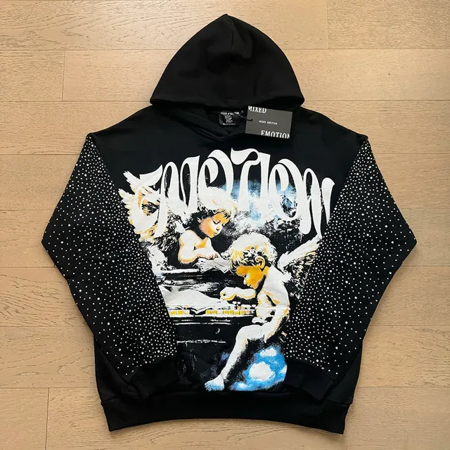 Hoodie Noir et Blanc Imprimé Graphique Avant Motif de Points Mangas 4