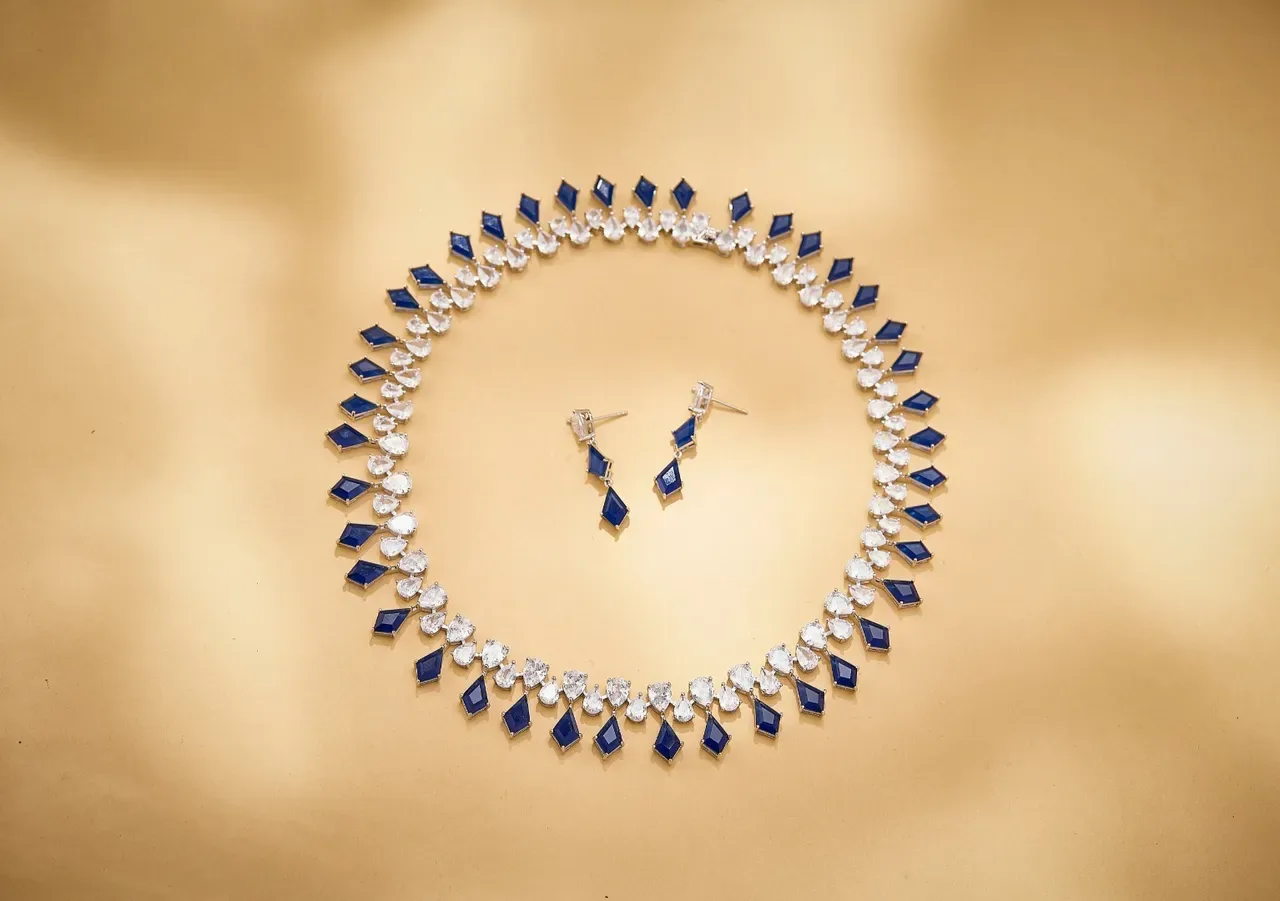 Blue and Clear Gemstone Multi-Row Collar Necklace 6
