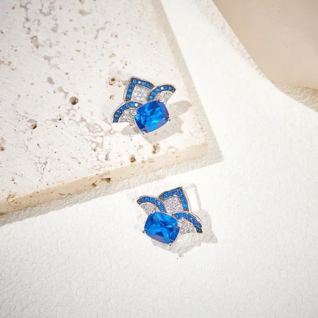 Blue Cushion-Cut Gemstone Pavé Floral Stud Earrings 5