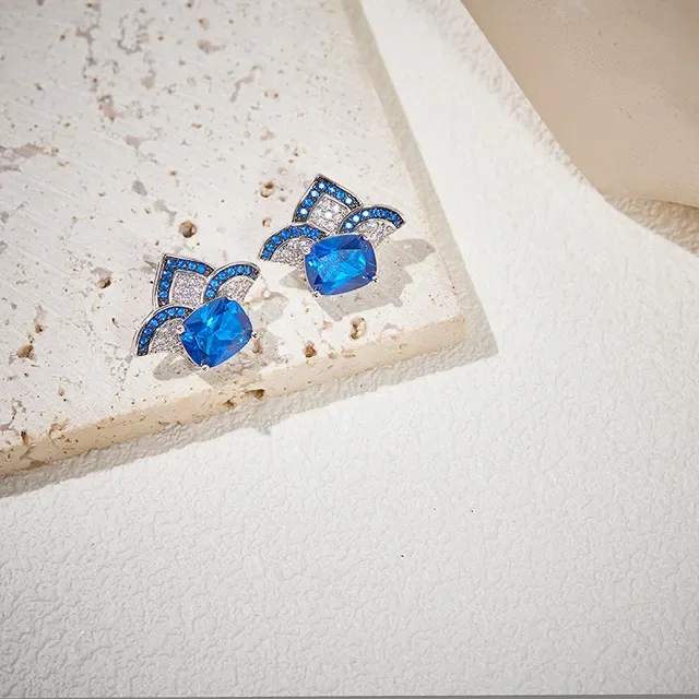 Blue Cushion-Cut Gemstone Pavé Floral Stud Earrings 6