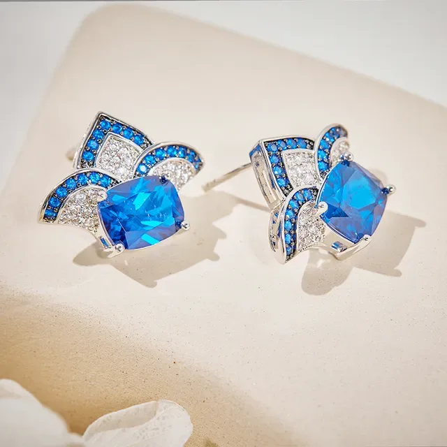 Blue Cushion-Cut Gemstone Pavé Floral Stud Earrings 7