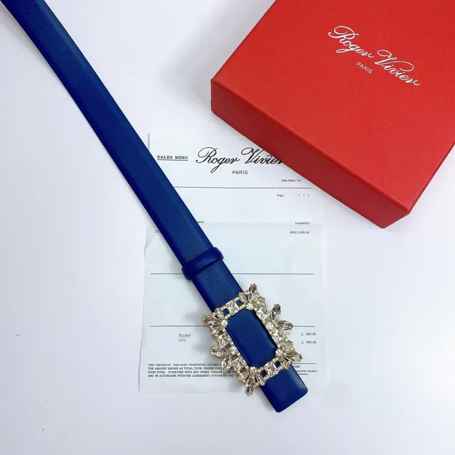 Blue Gold Ornate Crystal-Embellished Buckle Rectangular Frame Design Leather Belt 3