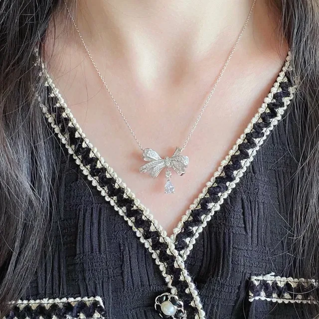 Bow Motif Pavé-Set Teardrop Drop Necklace 9