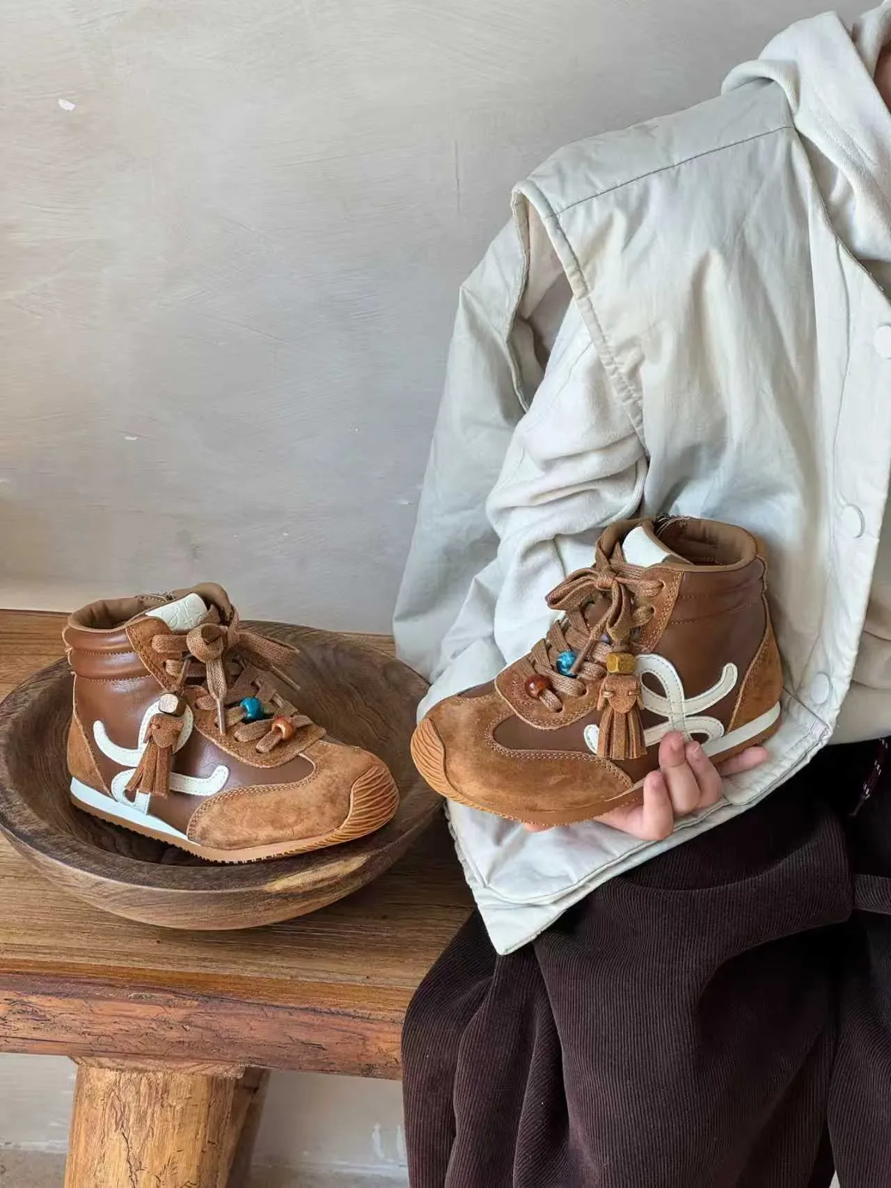 Brown Beige High-Top Mixed-Material Sneakers 6