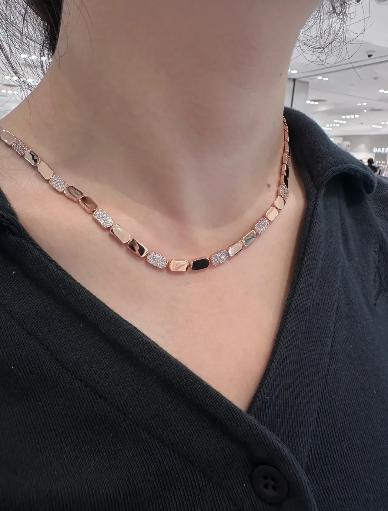 Brown Gold Rectangular Link Chain Alternating Stone And Pavé Segments Necklace 4