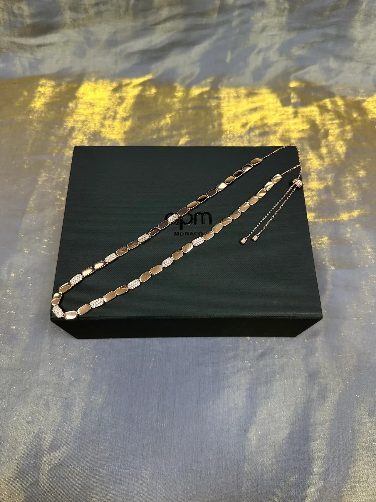 Brown Gold Rectangular Link Chain Alternating Stone And Pavé Segments Necklace 5