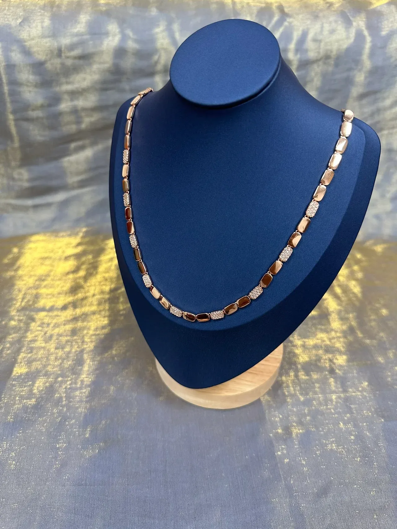 Brown Gold Rectangular Link Chain Alternating Stone And Pavé Segments Necklace 9