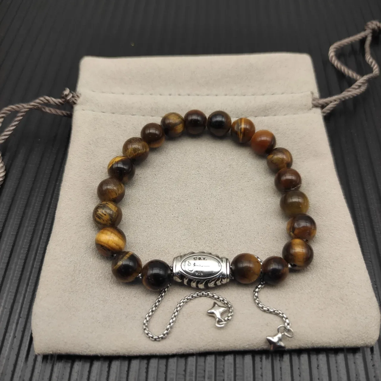 Brown Silver Tiger's Eye Stone Beads Textured Barrel Clasp Bracelet 3