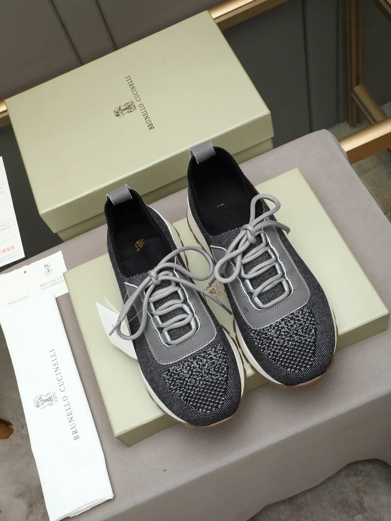 Brunello Cucinelli Black Gray Knit Upper Sock-Fit Collar Sneakers 2